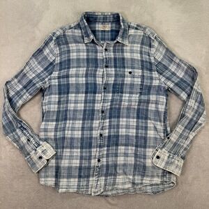 FAHERTY BRAND Men XL Blue Plaid Long Sleeve Button Down Shirt Cotton Indigo Dyed